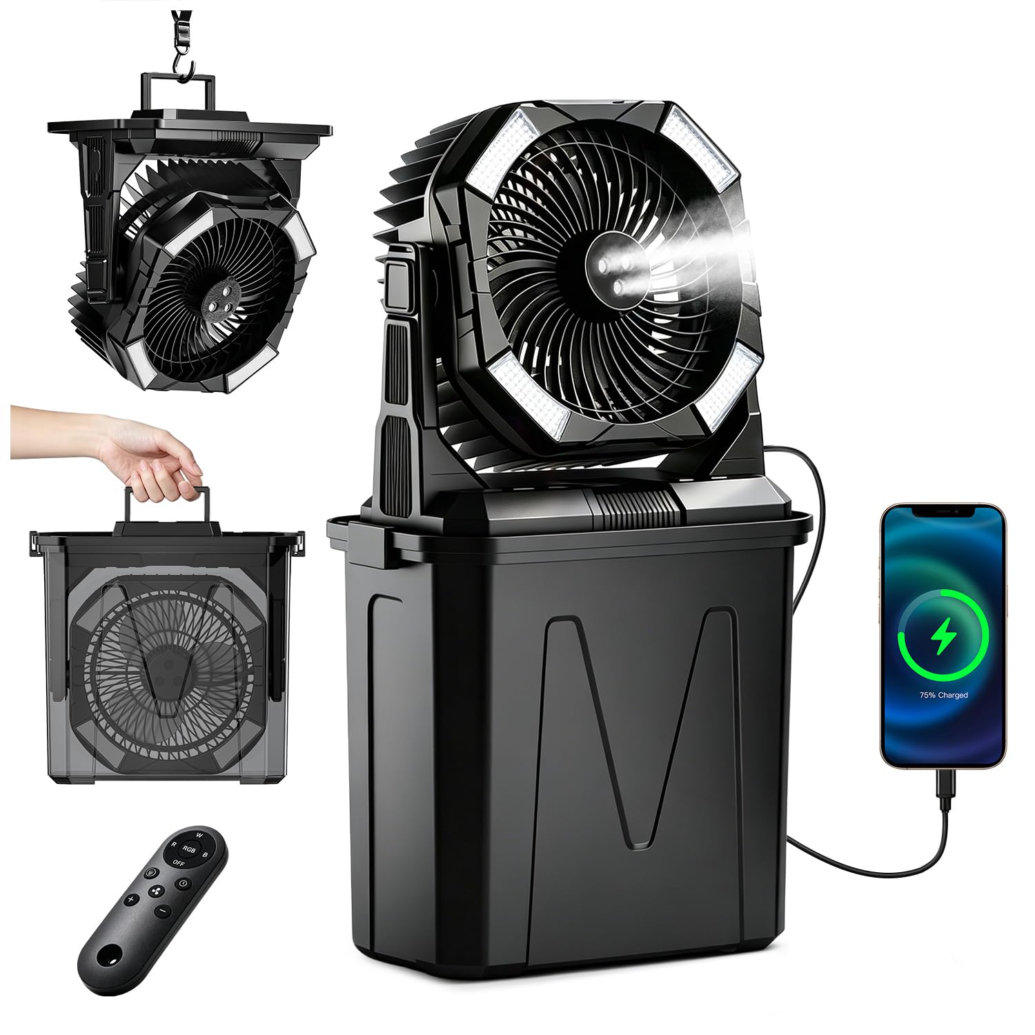 yAyusi 10L Grandi Ventilatore Nebulizzatore Portatile per Esterni con Luce RGB, 3-in-1 20000mAh Ventilatore Ricaricabile con Telecomando e Timer,4 Velocità Vento 4 Modalità Spruzzo per Patii/Camp/Golf