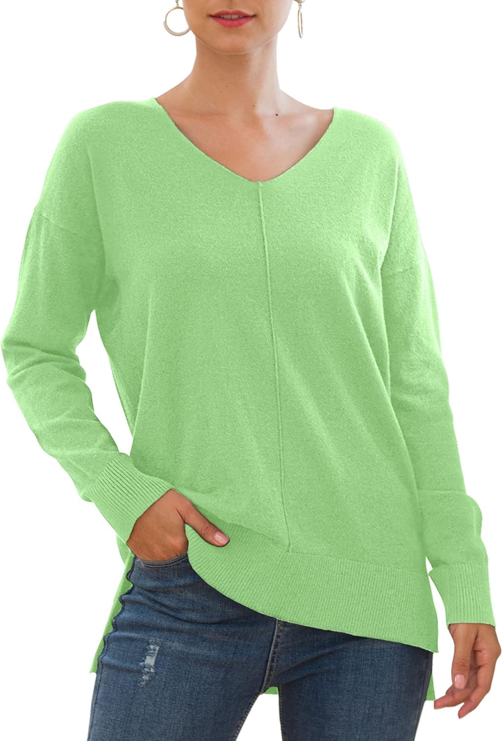 Jouica Women's Casual Lightweight V Neck Batwing Sleeve Knit Top Loose Pullover Sweater
