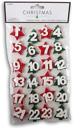 Calcomanías de fieltro de Navidad, calendario de cuenta regresiva, números de estrellas rojas y verdes, piezas adhesivas 3D para manualidades