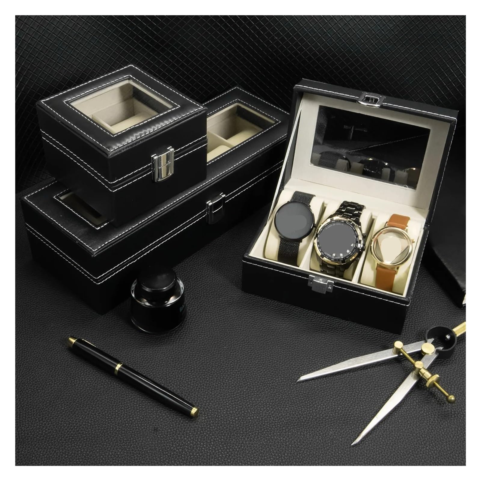 Uhrenbox aus PU-Leder mit Glasplatte, Aufbewahrungsbox for Uhren, Uhrenhalterung, Geschenke zur Aufbewahrung von Uhren(Color 1)
