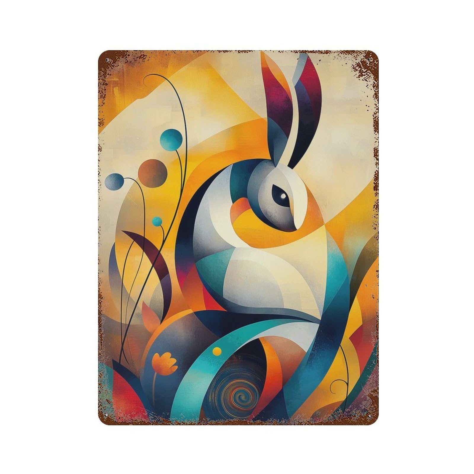 Modern Cubism Rabbit Rustic Tin Plaque 15.7"x11.8", for Shed, Workshop And Garage Wall Decor, Rustic Home Decor