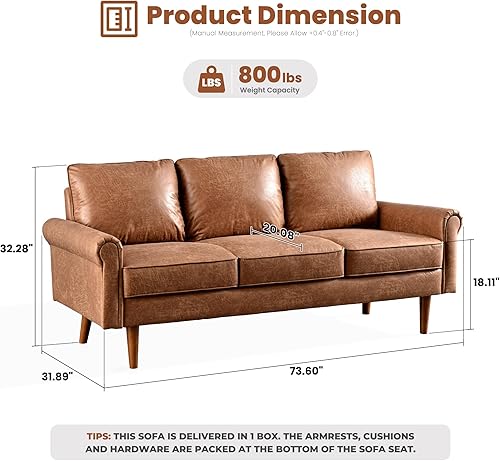 Miniatura 2 de ovios Sofá de lujo de 73.6 pulgadas, 3 plazas, cómodos sofás de piel sintética de gamuza y asiento profundo neutro de mediados de siglo, sofá