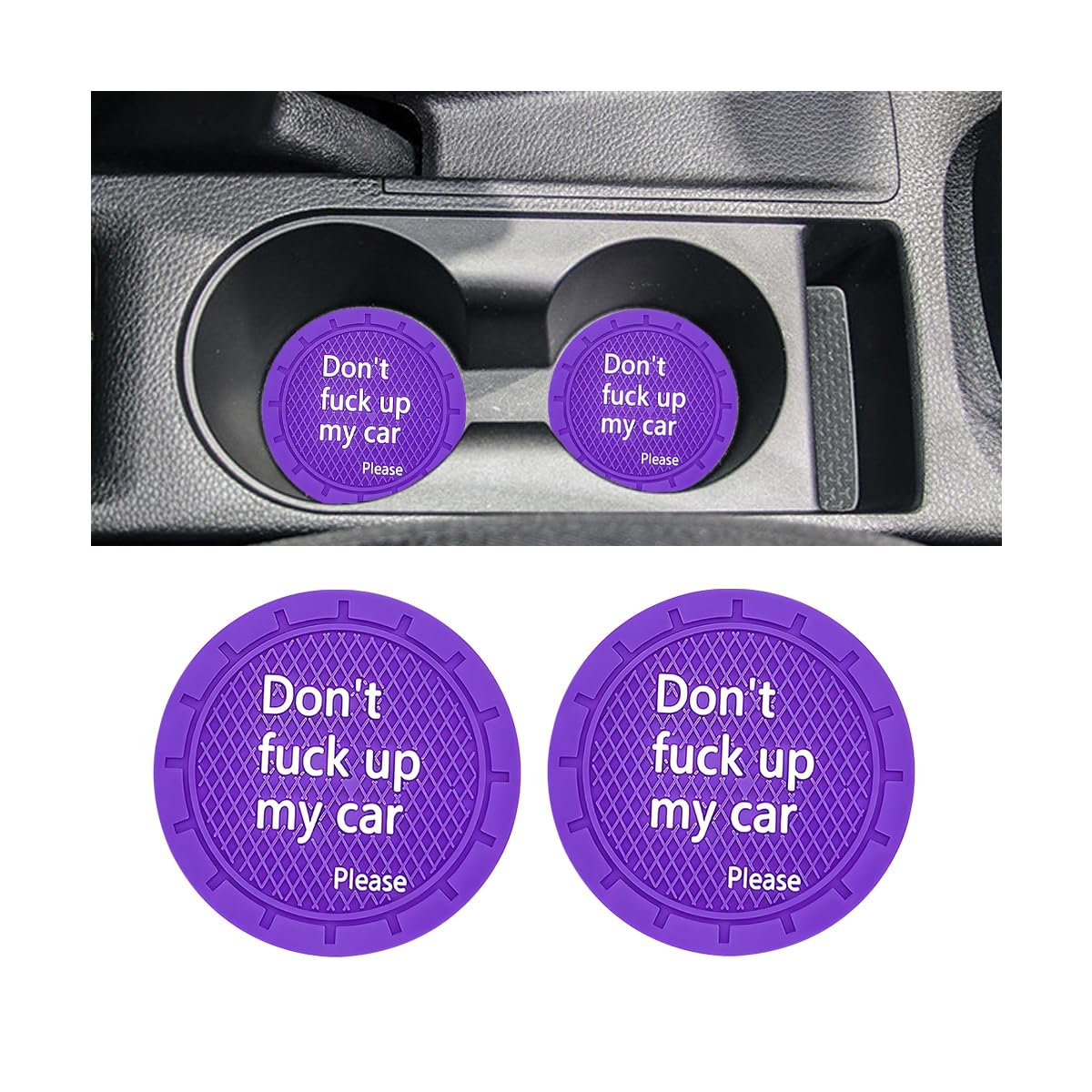 Car Cup Holder Coaster, 2PCS 2.75 Inch Non-Slip Anti-Scratch Don`t Fuck Up My Car Vehicle Drink Mat, Automotive Interior Water Bottle Pad, Universal for SUV Sedan Truck (Dark Purple)