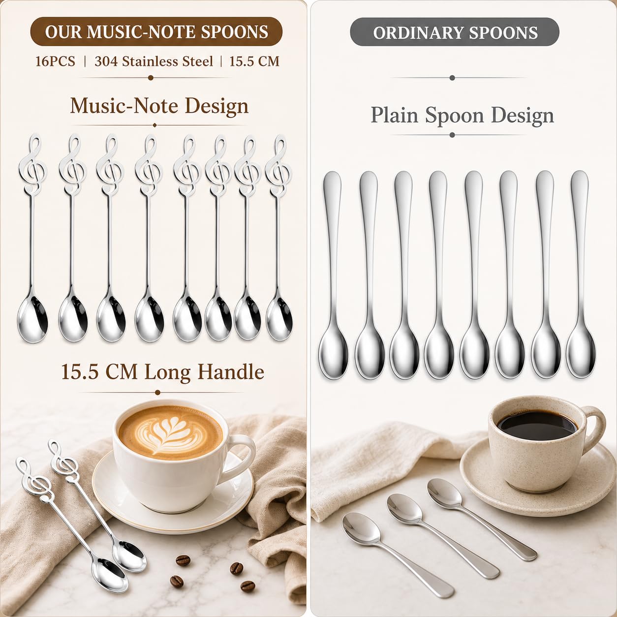 MIVIDE 16 Pezzi Cucchiaini da Caffè Note Musicali, Cucchiai da Dessert in Acciaio Inox, Cucchiaini Decorazione per Musicisti, Caffè, Tè, Dessert (Argento)