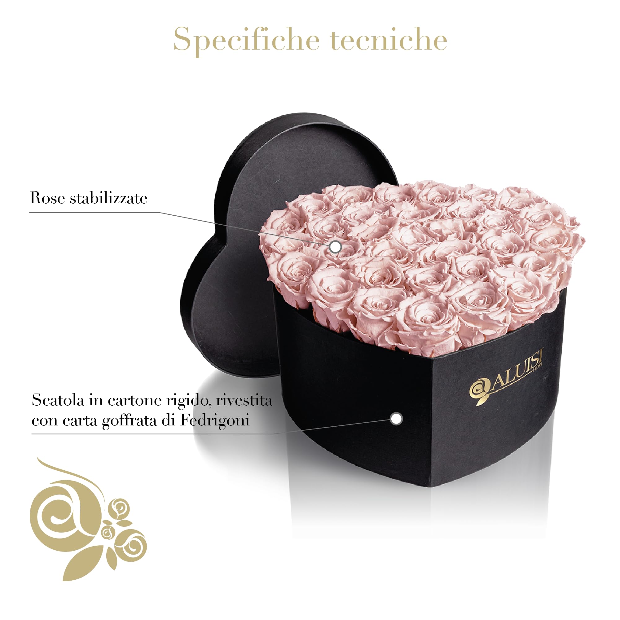 Aluisi Fiori - Cuore con 30 Rose Rosa Stabilizzate - Box Nera (Festa della Mamma, Regalo Romantico, Arredo Soft)