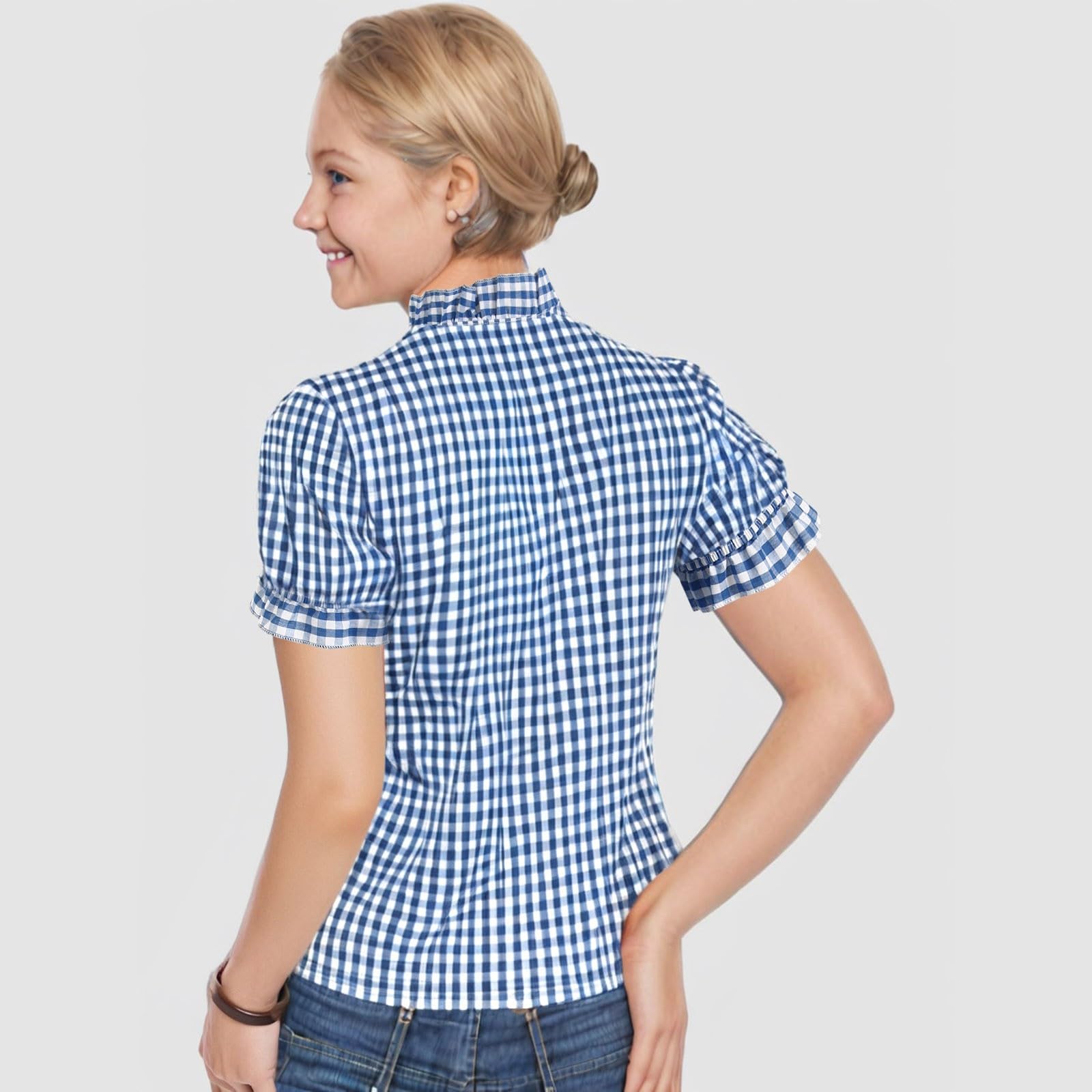Stilvolle Damenhemden Oktoberfest kurzärmlig mit Spitzenbesatz kariertem Design vielseitige saisonale Kleidung