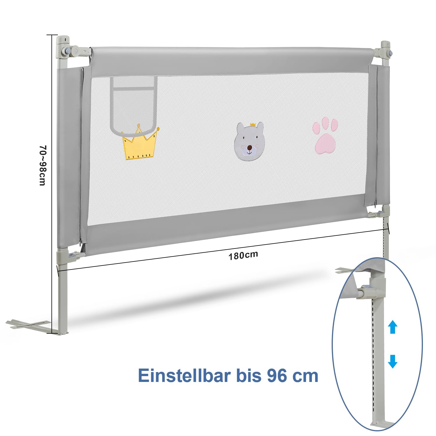 Eulenke - Set di sponde per letto, 2x 180 cm e 1x 150 cm, Regolabili in altezza (70-98 cm), Grigio, Protezione anti-caduta per bambini