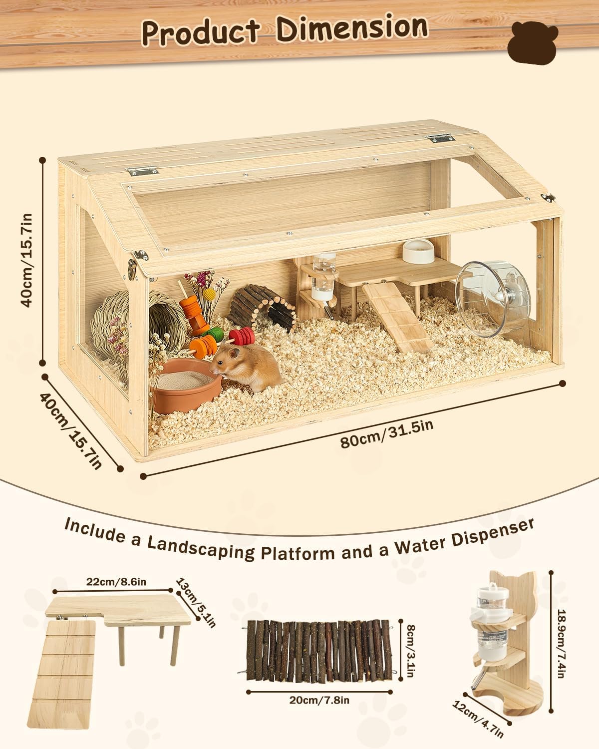 Large Wooden Hamster Cage, 31.5" Portable Habitat with Acrylic Panels & Openable Top, Includes Water Bottle, Fences and Platform for Syrian Hamsters, Dwarf Hamsters, Gerbils