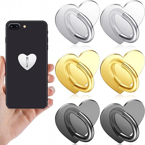 Moxweyeni 6 soportes para anillo de teléfono celular, gancho adhesivo de corazón para teléfono inteligente, soporte de anillo de dedo de metal