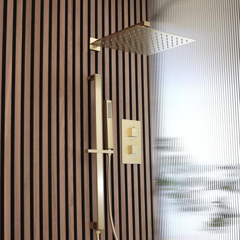 Milano Lyra Thermostatic Mixer Valve 300mm Shower Head Handset Riser Rail - Brushed Brass