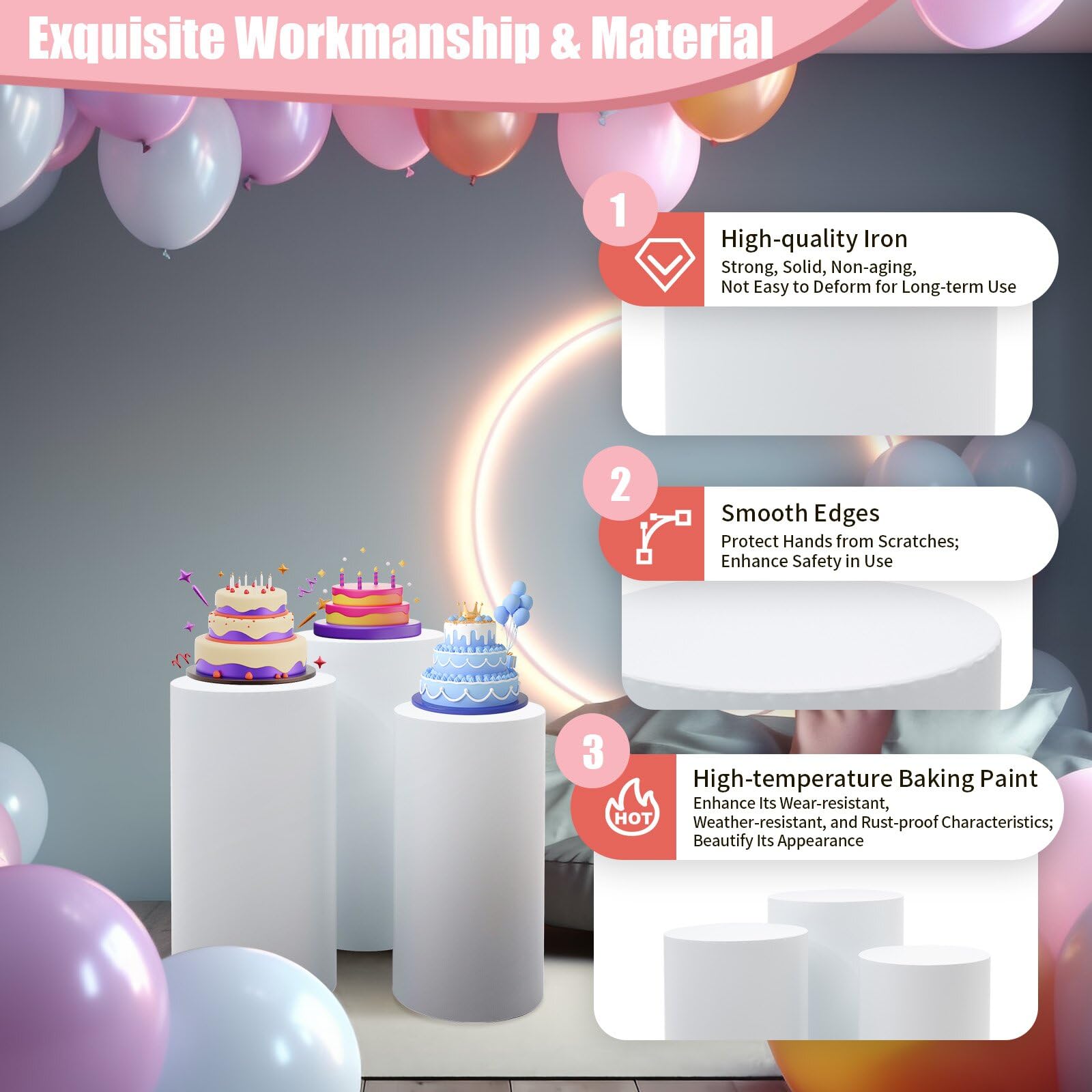 3 soportes cilíndricos para fiestas, pilares de exhibición de mesa de postre blancos, soporte de pedestal cilíndrico de 66 libras para fiesta, cumpleaños, boda, ceremonia, banquete, decoración