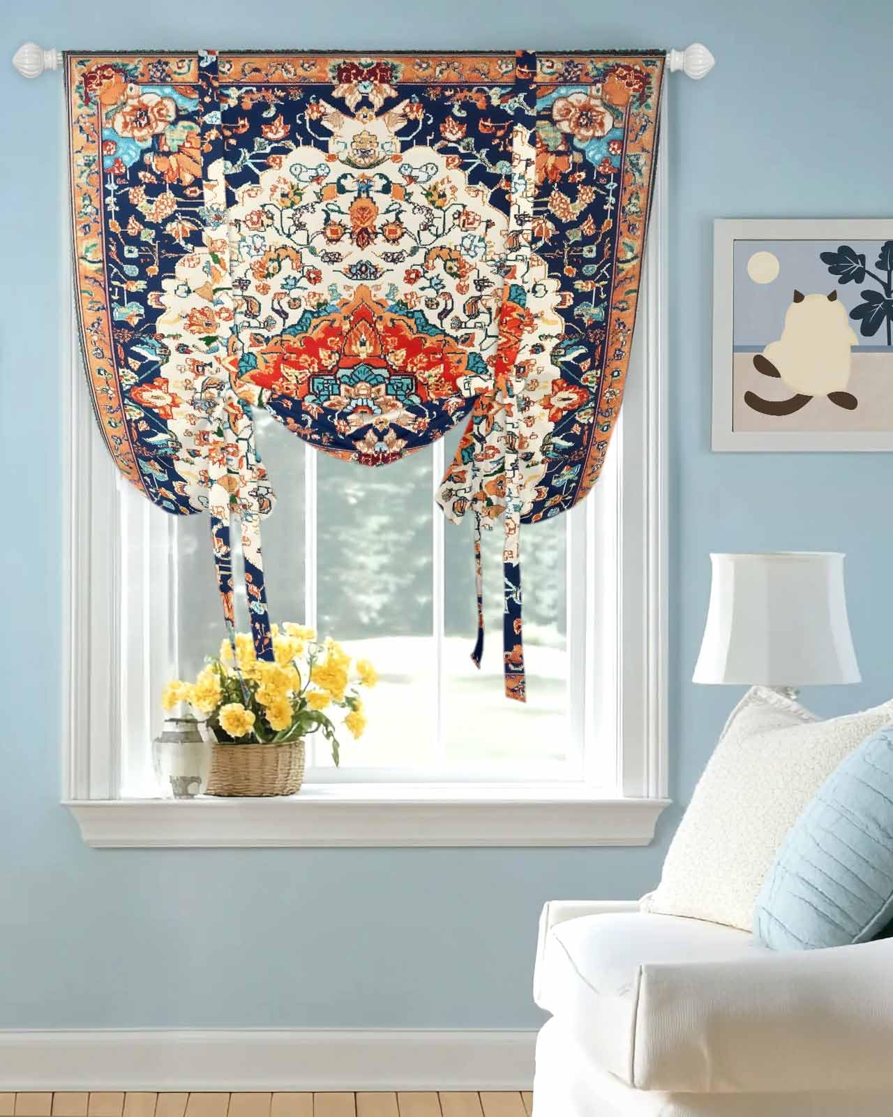 Tie Up Curtains for Windows Orange Blue Boho Pattern Rod Pocket Tie-Up Window Shade Adjustable Balloon Curtain Valance Abstract Geometrically Art for Bedroom Kitchen Bathroom Blinds,34x45in