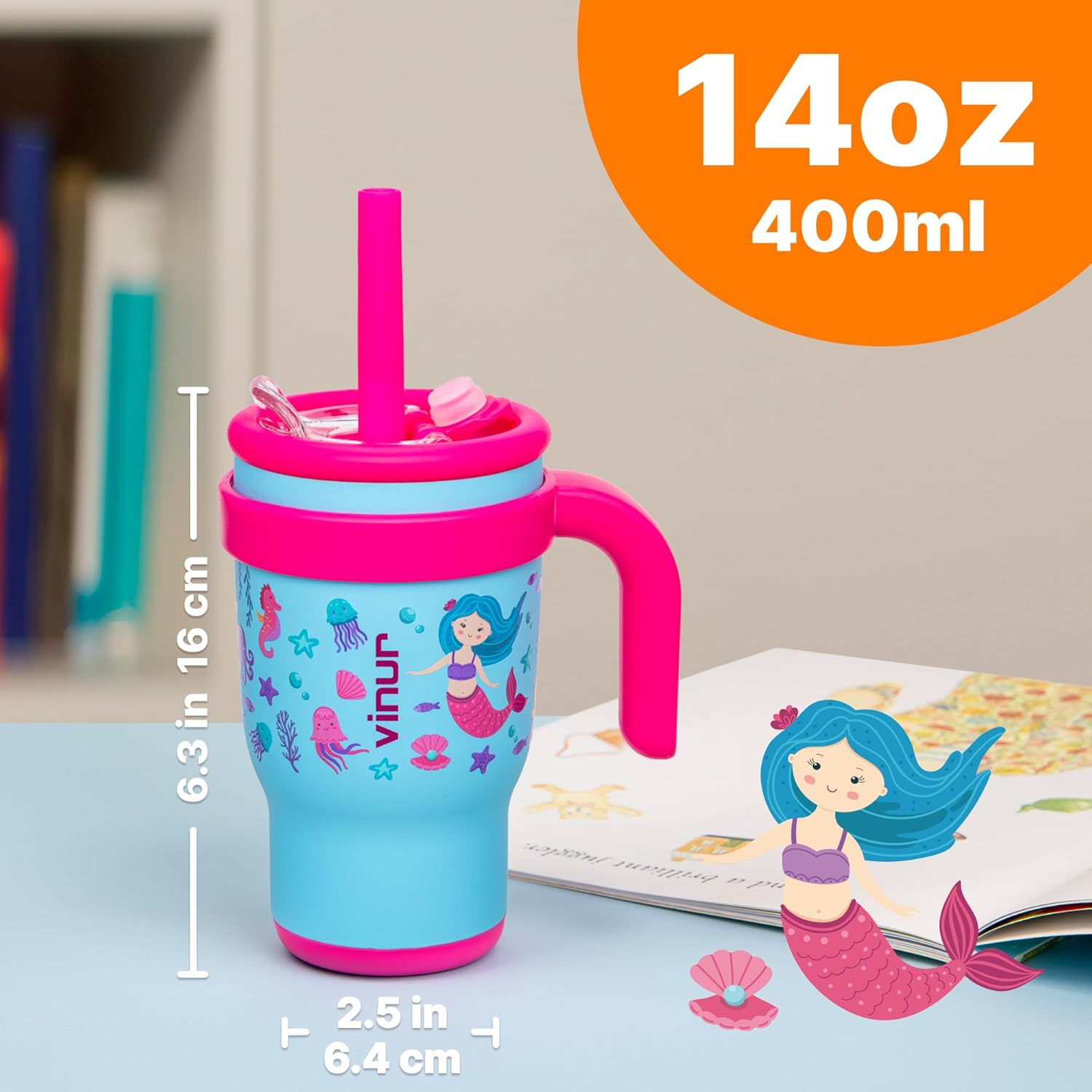 VINUR Kids Tumbler with Handle 14 oz Stainless Steel Double Wall Vacuum Insulated Tumbler with Lid and Straw, Leak Proof Water Cup for Travel(Mermaid) - Image 3