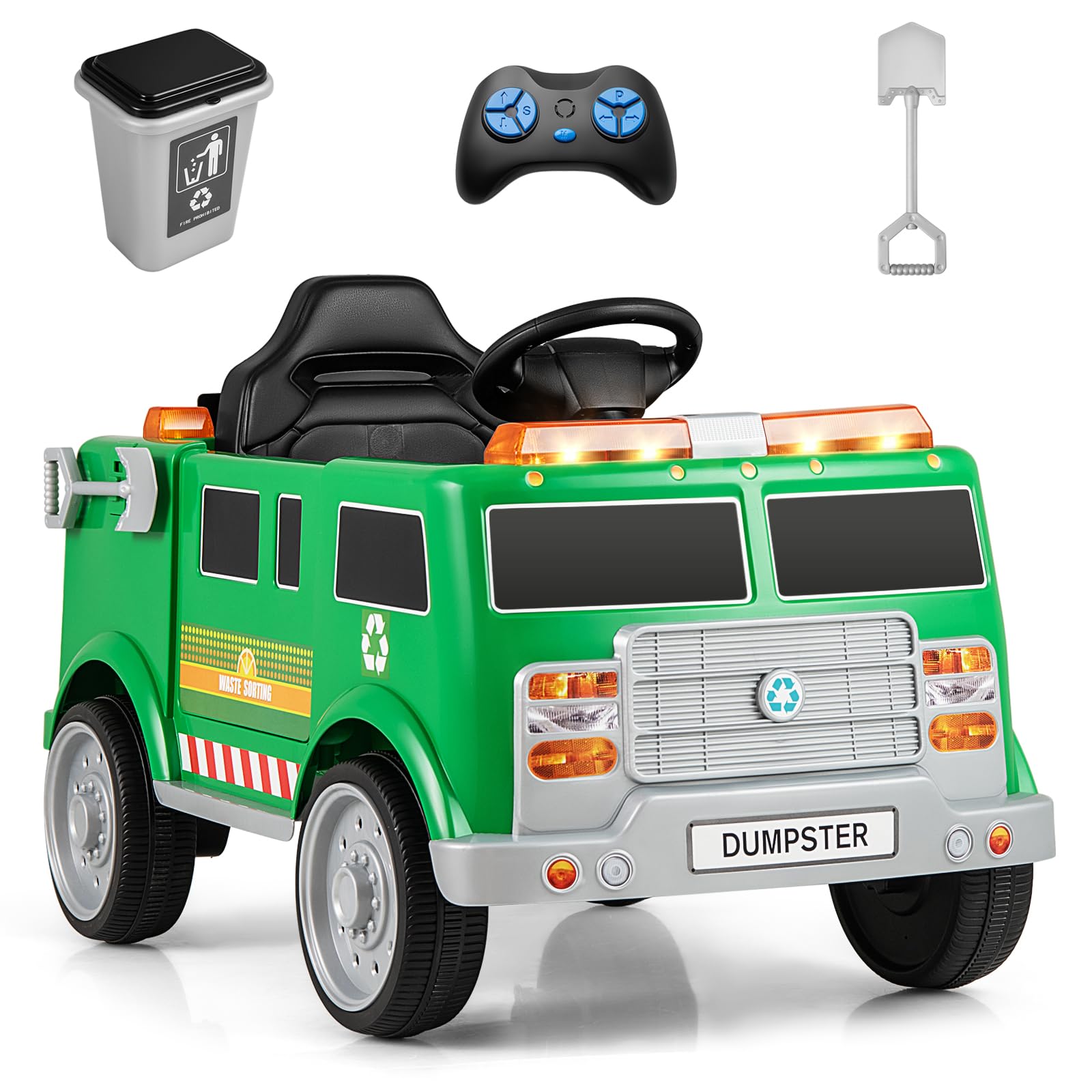 Costzon Ride on Garbage Truck, 12V Battery Powered Kids' Electric Vehicles w/Remote Control, Trash Bin/Shovel/Lights/Sound Effects/Recycle Accessories, Toddler Recycling Car for Age 3+(Garbage Truck)