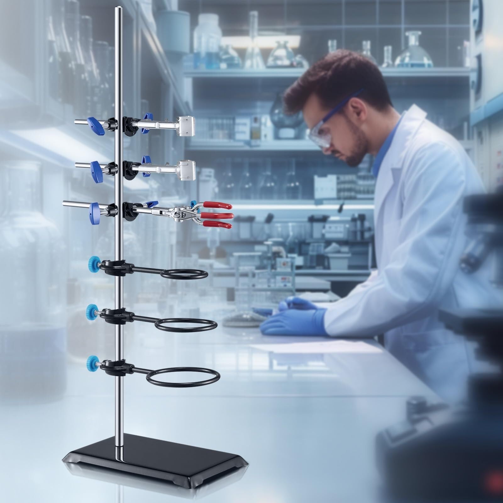 Laborstativ-Set mit 60 cm Stahlstange, gusseiserner Basis, Kolbenklemmen, Bürettenklemme und Kreuzklemmen