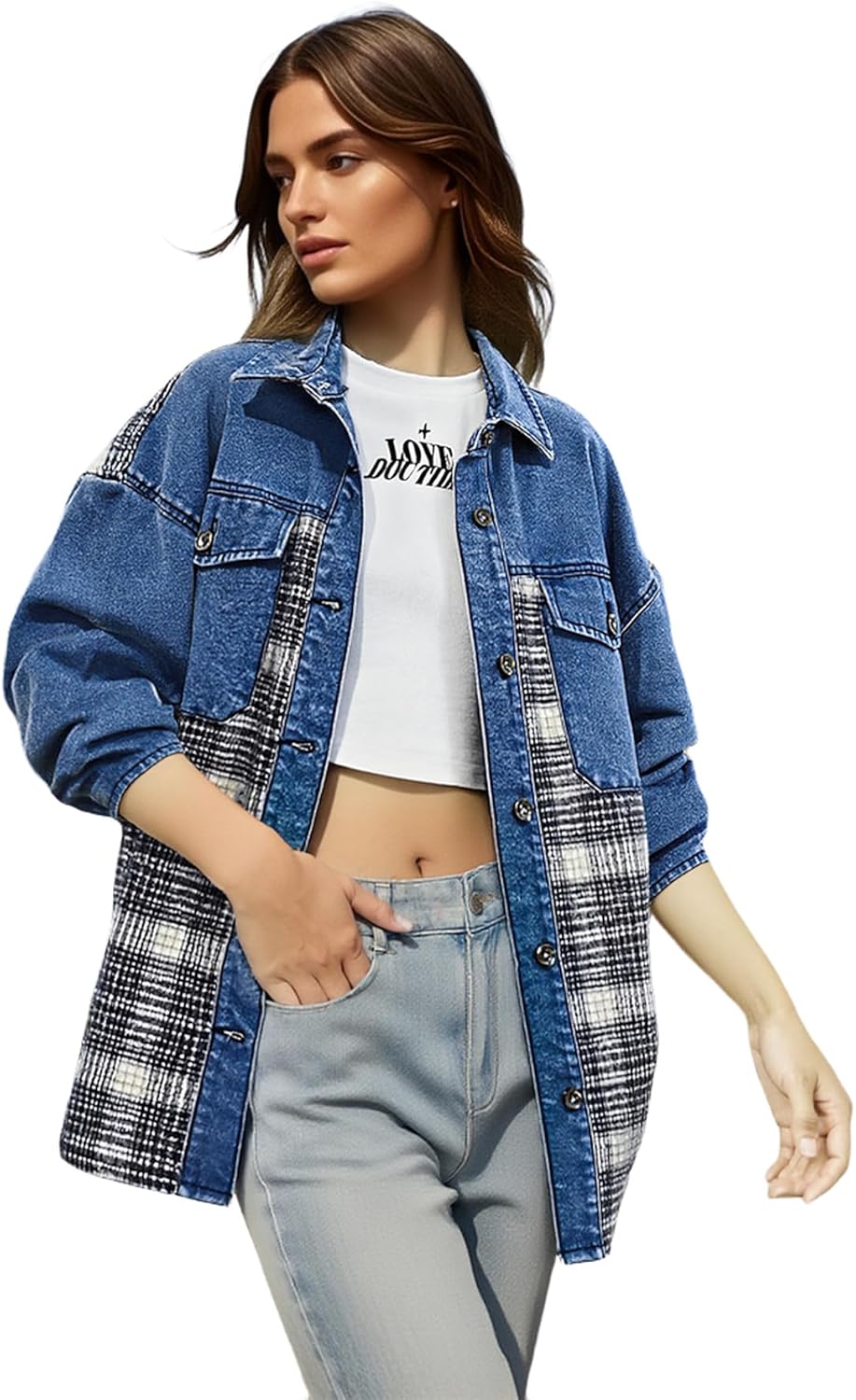 Women's Oversized Denim Jacket Jean Shackets Plaid Long Sleeve Boyfriend Button Down Shirts with Pockets - Image 5