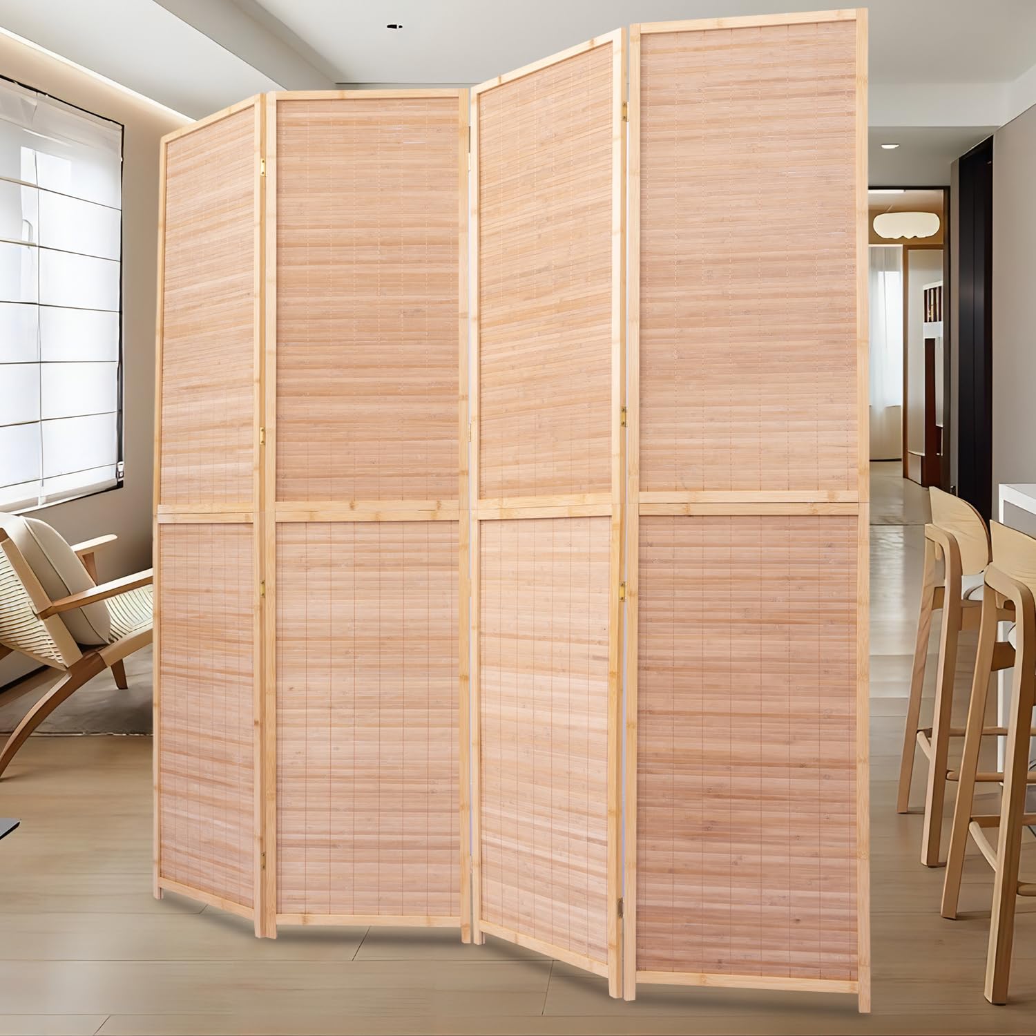 Room Divider Folding Privacy Screens, 6FT Bamboo Room Divider Wall Panel, Freestanding 2-in-1 Multifunction Partition Room Dividers for Room Separation 4 Panel Hand Made Mesh Woven Wall Divider Screen