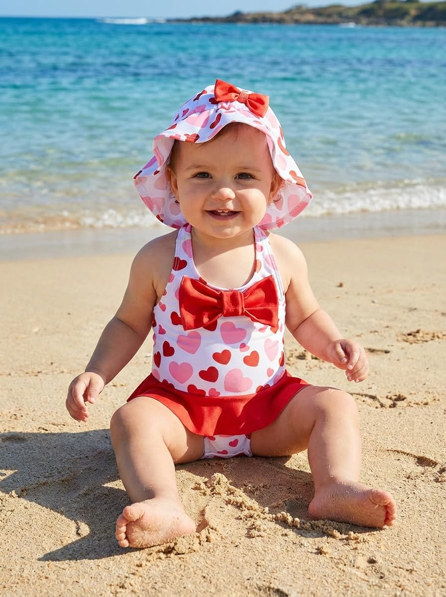JiAmy Costume da bagno per neonata con grazioso cappello, senza maniche, costume da bagno intero con fiocco, costume da bagno estivo, 0-24 mesi