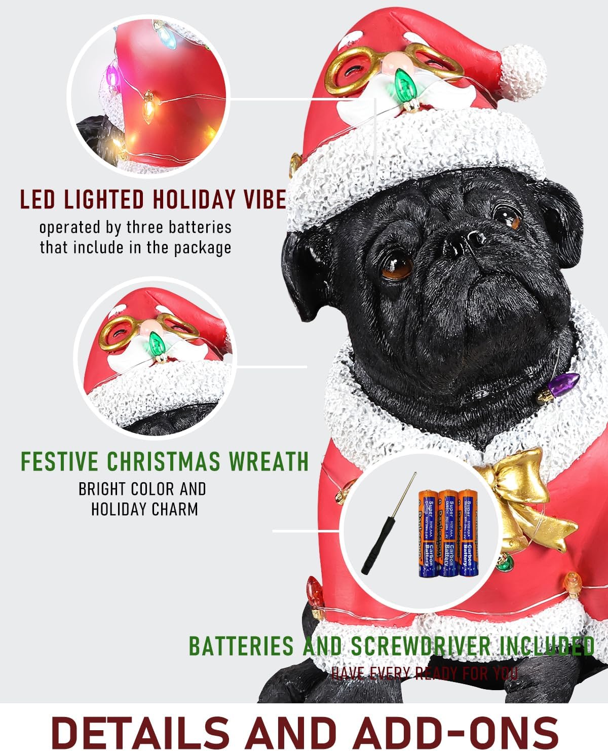 Outdoor Christmas Dog Statue Decorations - Santa Gifts Christmas Decor Bulldog with Red Santa Hat Statues and LED Lights for Home Indoor Outdoor X'Mas Presents