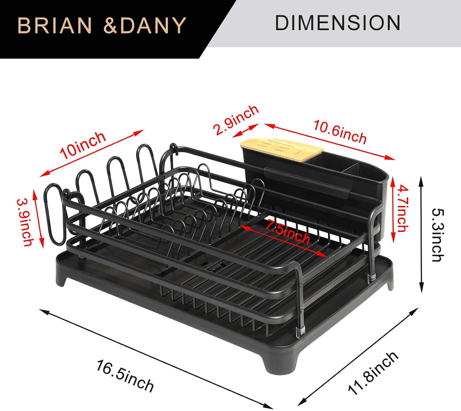 BRIAN & DANY Aluminum Dish Drying Rack, Dish Drainer with Removable Cutlery Holder & Cup Holder, Unique 360° Swivel Spout Drain Board, Black