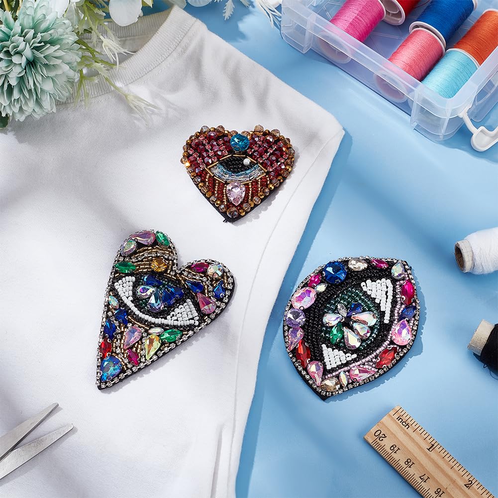 3x Evil Eye Herz-Patch - Bestickte Strass-Applikationen Zum Aufnähen Auf Kleidung & Taschen