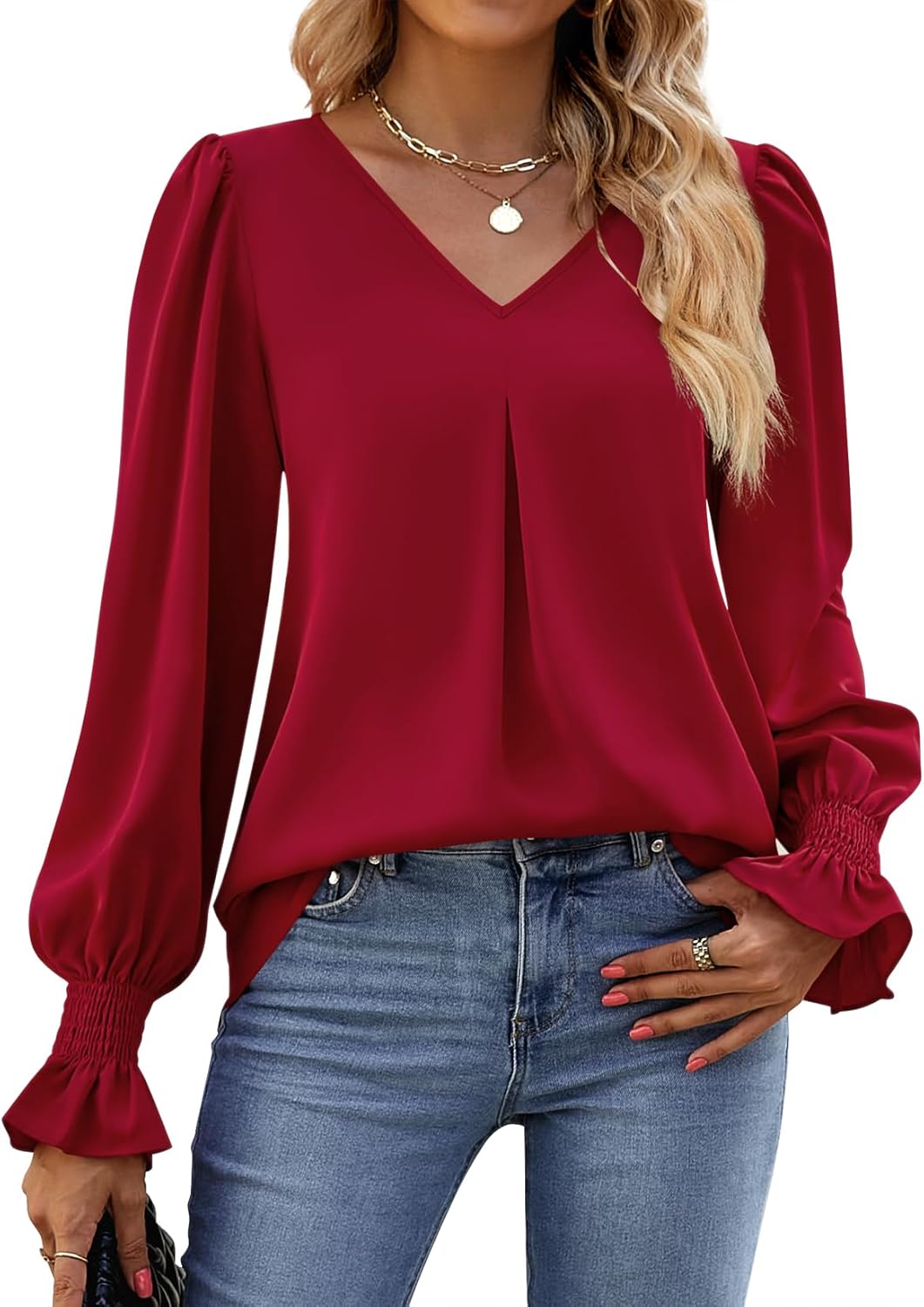 Funlingo Women's 2025 Long Sleeve Tops Dressy Casual V Neck Tunic Shirts Loose Chiffon Work Blouse - Image 8