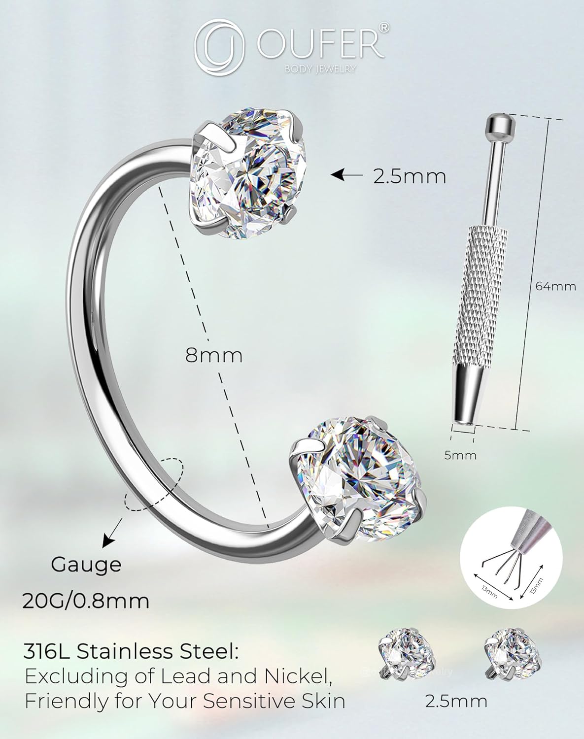 OUFER Horseshoe Nose Rings Studs, 20G Internally Threaded Nose Rings For Women, 316L Surgical Steel Double Cubic Zirconia Nose Studs, Lip Eyebrow Helix Ear Piercing Jewelry - Image 5