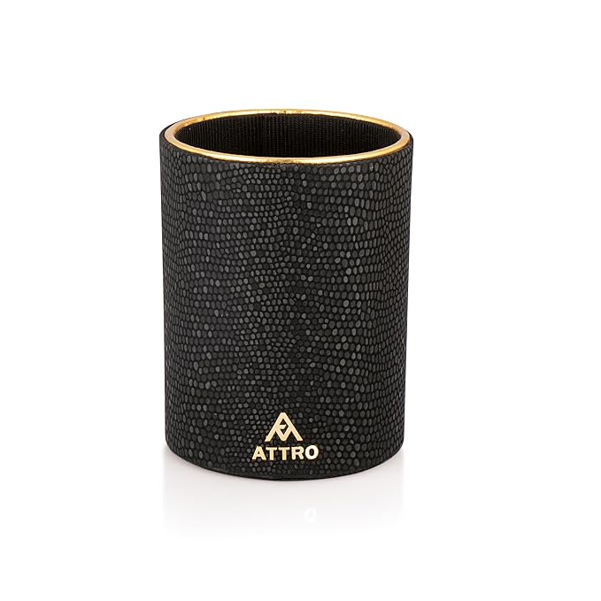 Attro Pen Stand Wooden Designer Round Pen Holder Multipurpose Wooden Desk Organizer Perfect for Study Table, Office Desk- Black
