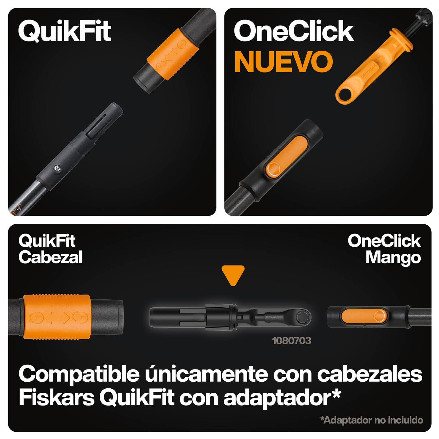 Fiskars OneClick Mango Telescópico M, Extensible de 119 a 179 cm, Cambio en 1 Clic, Adaptador QuikFit Disponible por Separado, Empuñadura SoftGrip, Aluminio, Negro y Naranja, 1080671