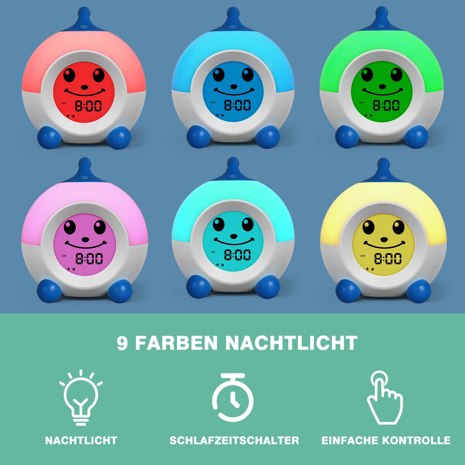 I·CODE Kinder Wecker, Lichtwecker Kinder Mit Abschaltautomatik &Wake Up Light, Schlaftrainer Klein Jungen Mädchen Teens (Blau)