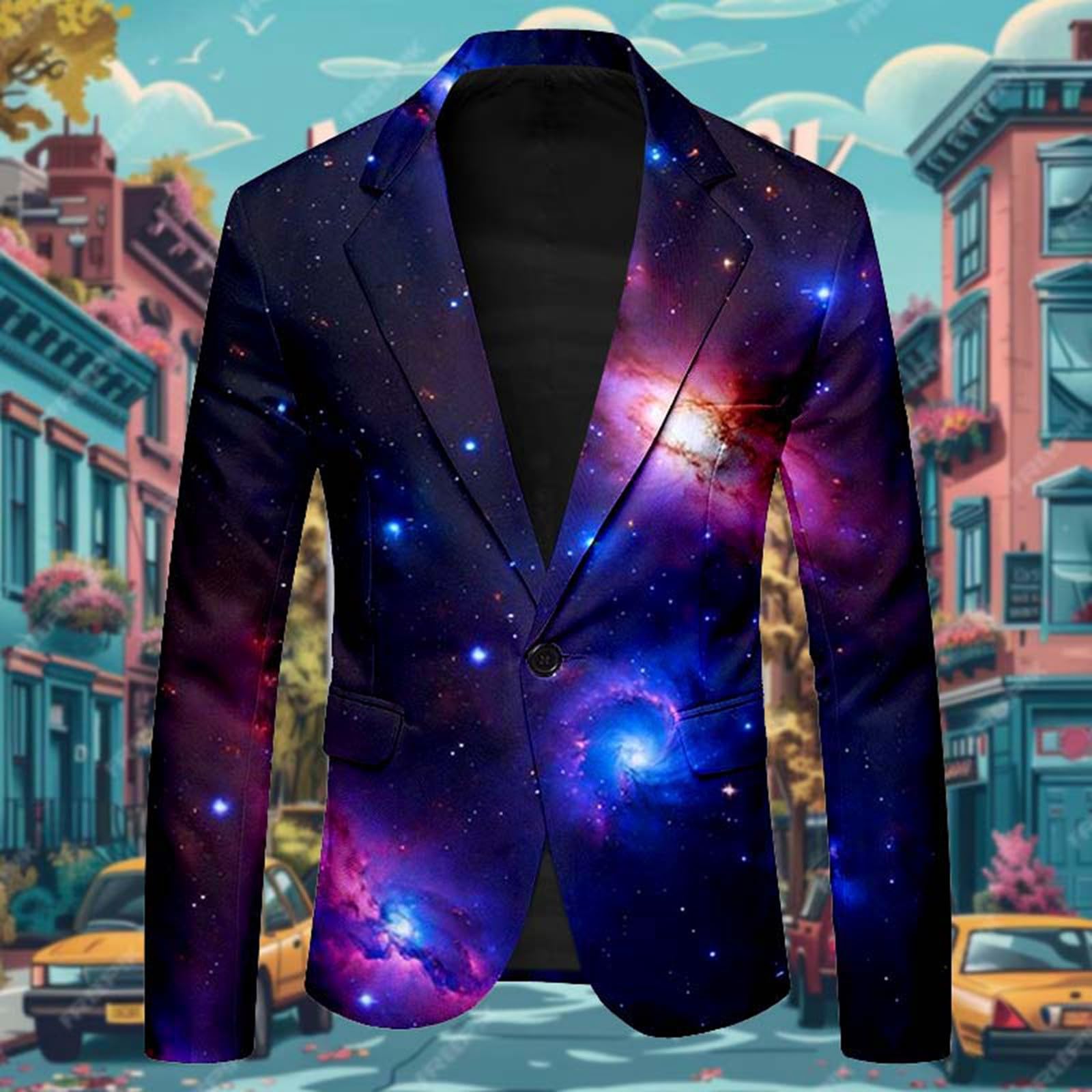 Veste Galaxy pour homme - Imprimé graphique 3D - Costume spatial - Coupe ajustée - Confortable - Manches longues à revers - Veste de costume douce et douillette - Univers, étoile, espace