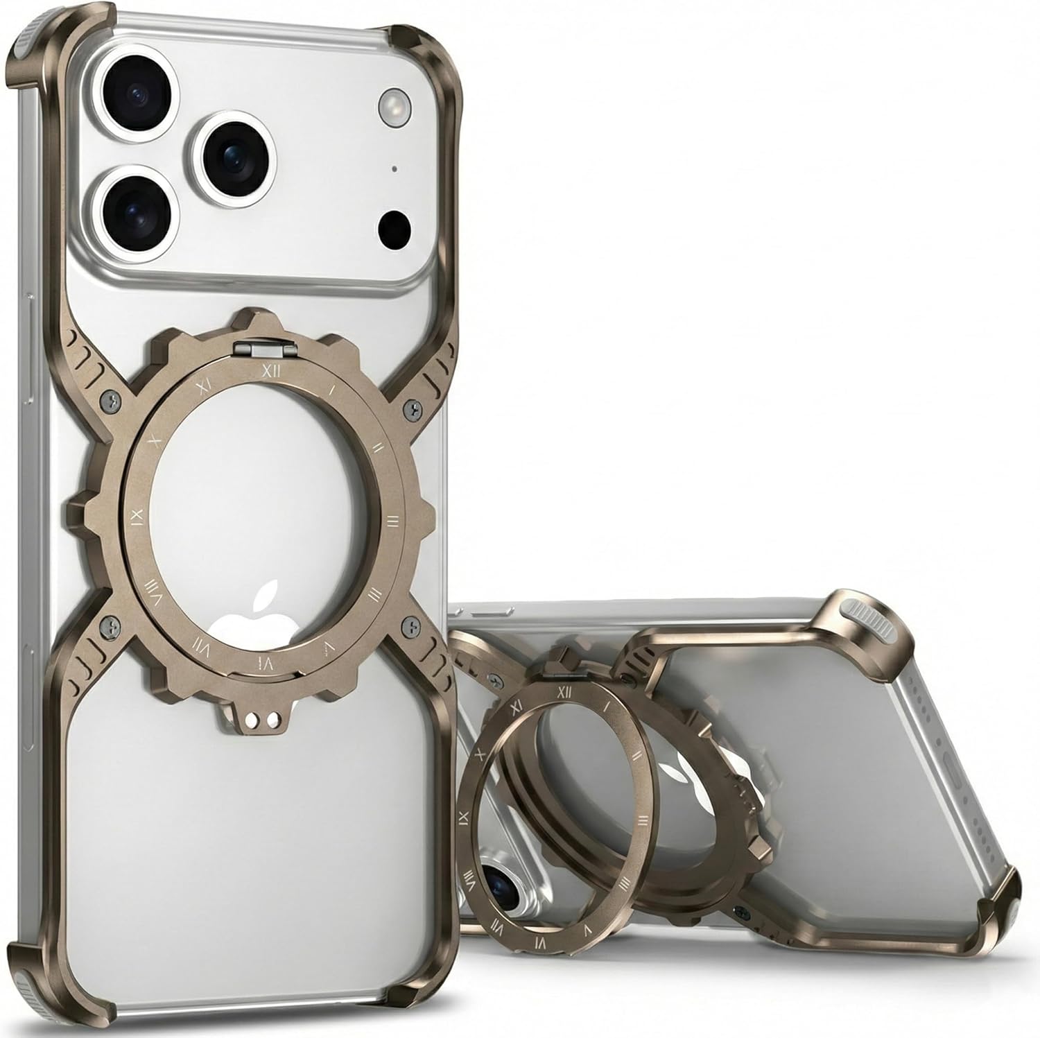 for iPhone 17 Pro Max Frameless Metal Bumper Case, Open Back Aluminum Frame, Rotating Ring Stand 360, Flip 150, Compatible with MagSafe, Corner Buffer Protection, Lightweight, Orange, Titanium