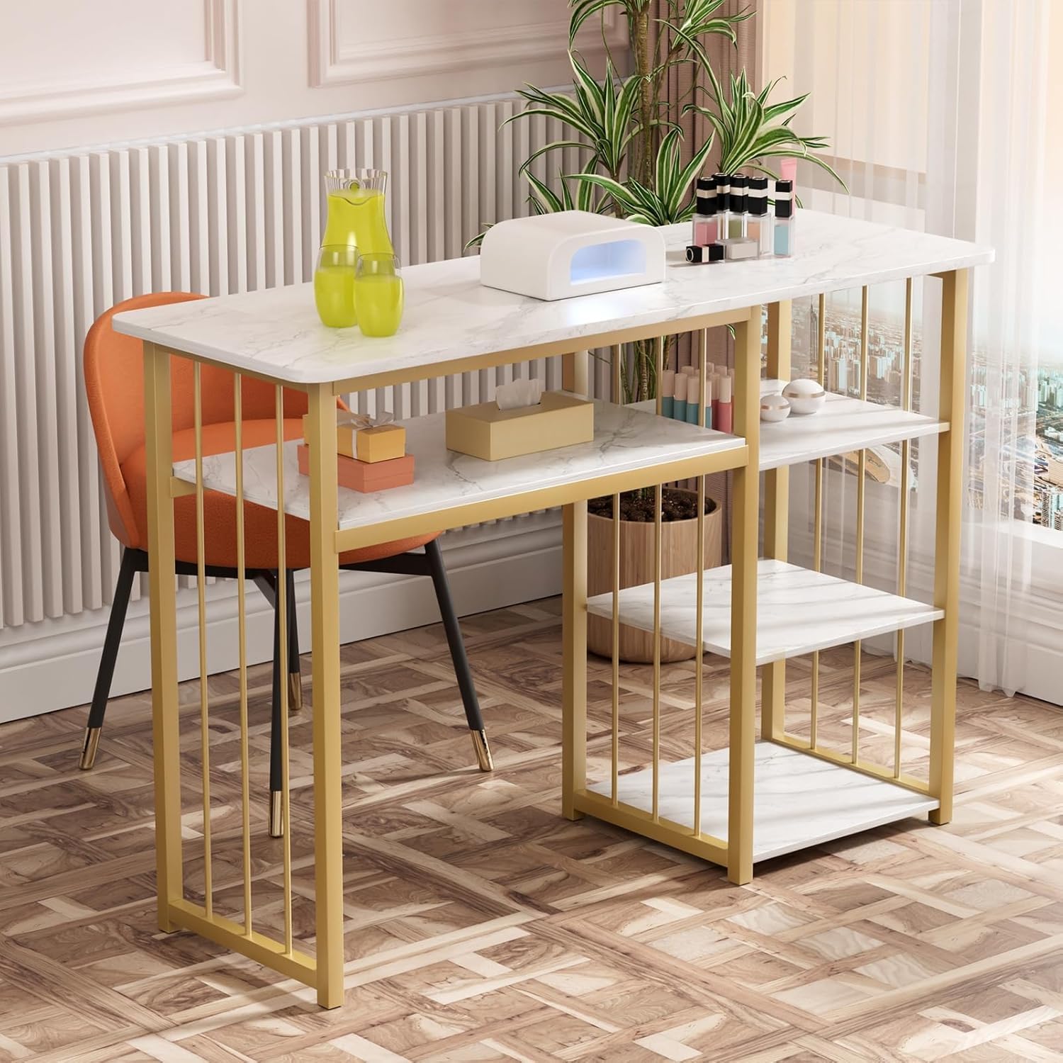 cdar Nail Desk,Nail Table Manicure Table Nails Station Marbling Texture Manicure Desk Makeup Nail Tech Desks with Multi Open Shelves for Beauty Salon Spa White