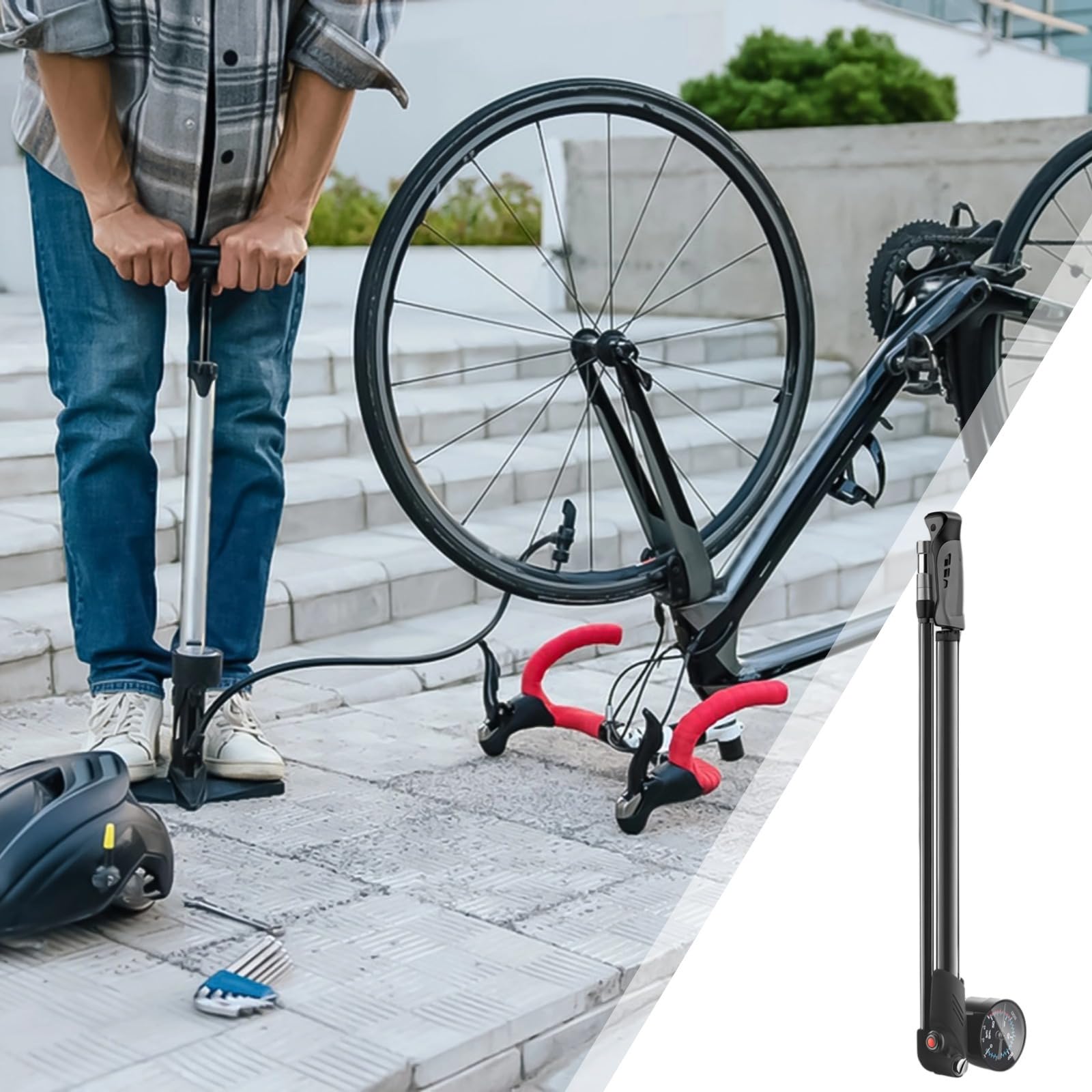 Hochdruck-Fahrradpumpe, tragbare Aluminium-Gabel- und Dämpferpumpe, kompatibel mit Schrader- und Presta-Ventilen, für Mountainbike und Rennrad, mit Manometer, handlich für unterwegs