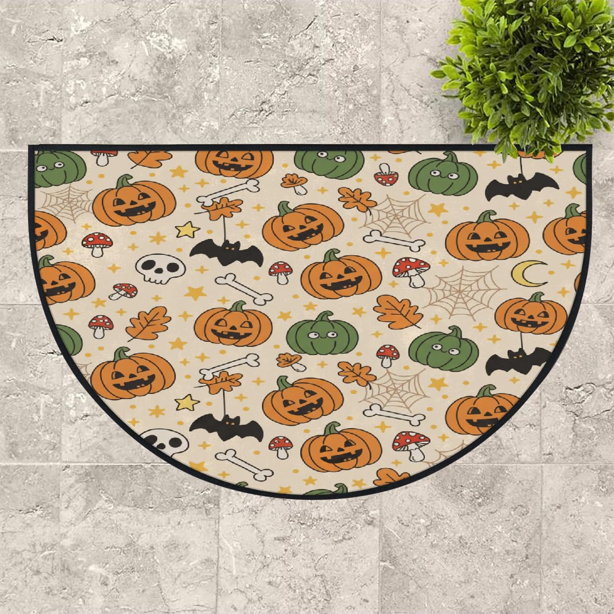 Große halbrunde Fußmatte – Kürbisknochen, Halloween, saugfähig, rutschfest, halbrund, Eingangsbereich, niedlich, weich, halbrund, waschbar, Teppich für Küche, Badezimmer, Schlafzimmer, 160 x