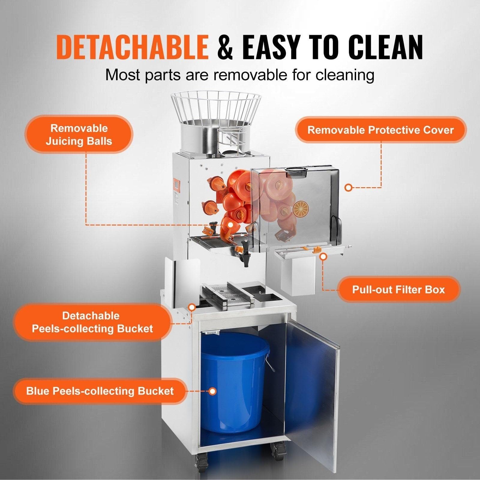 Extracteur automatique de jus d'orange commercial avec robinet d'eau, machine en acier inoxydable, boîte de filtre extractible de 25 oranges/minute, couvercle en PC, 3 seaux de collecte de pelures