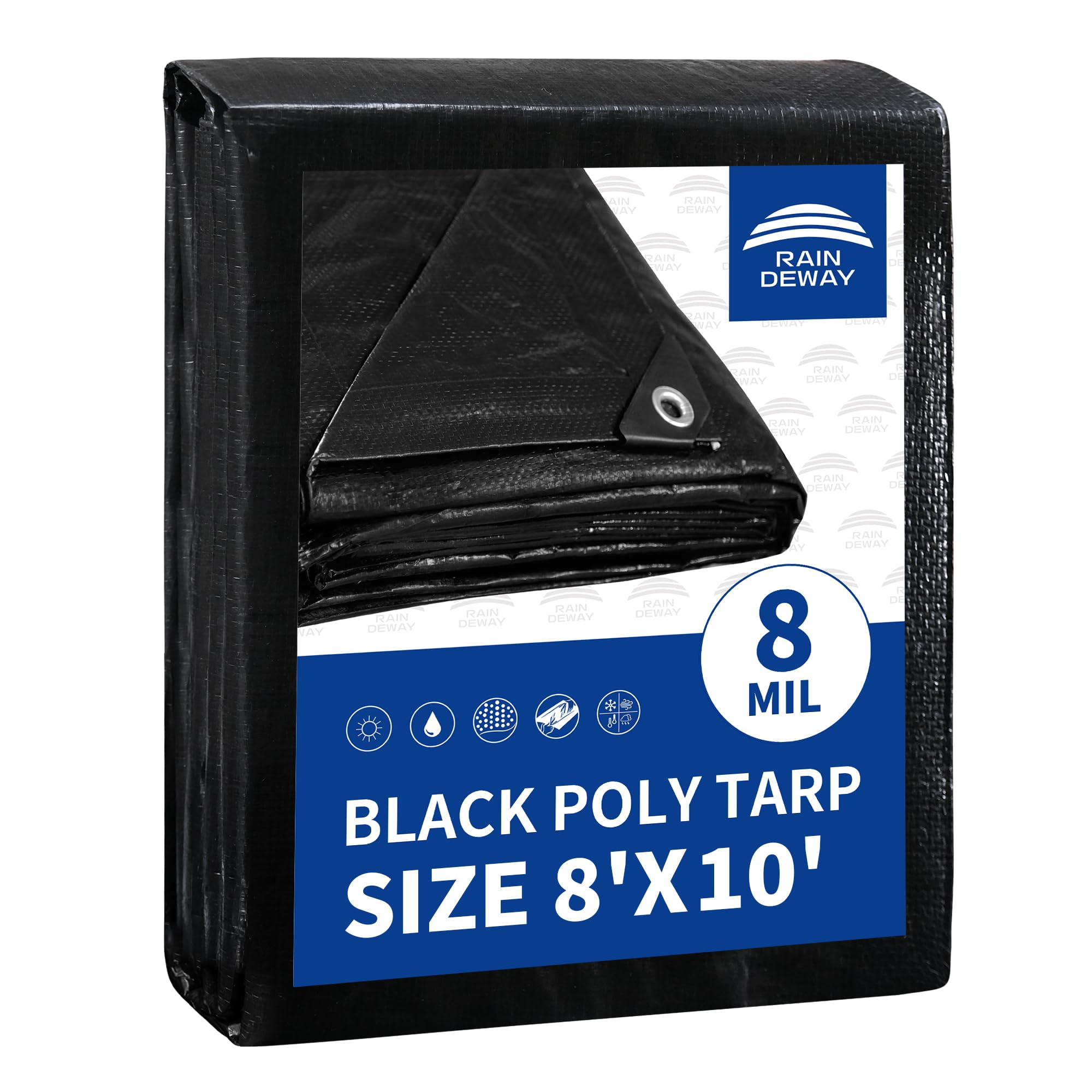 RAINDEWAY Black Tarp 8x10 Feet, UV Resistant, 8 Mil Multipurpose Medium Duty Waterproof Poly Tarp Cover with Metal Grommets and Reinforced Edges