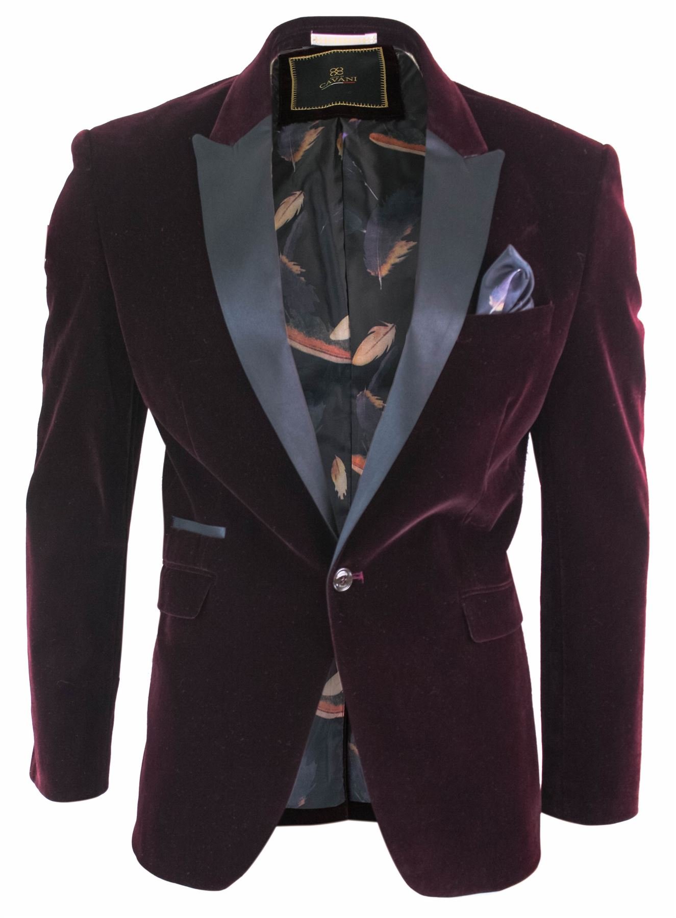 Cavani Men's Burgundy Soft Velvet Wine Maroon 1 Button Dinner Jacket Tuxedo Blazer Smart Casual Fit Size 52