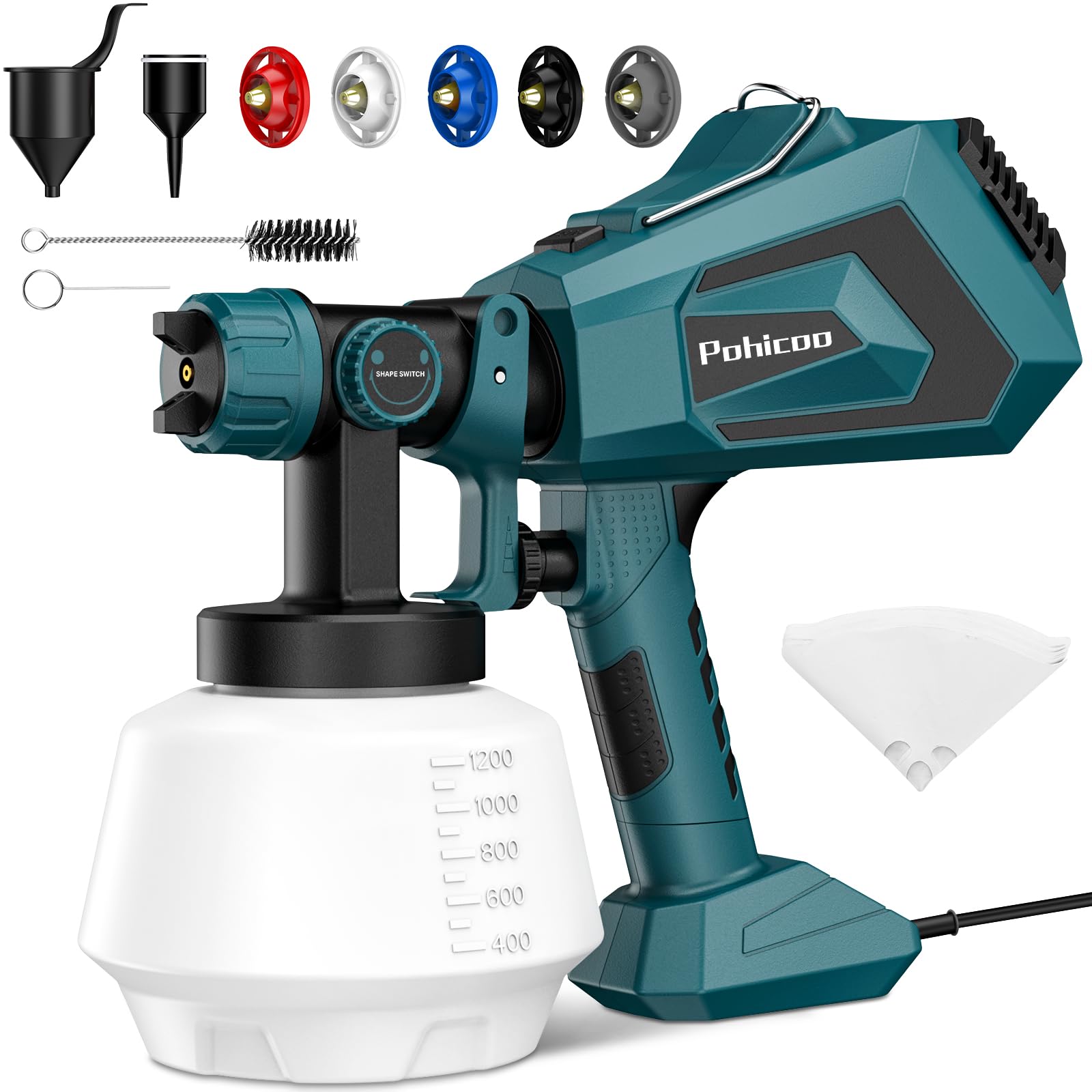 Pohicoo Farbsprühsystem, 700W HVLP Lackierpistole Elektrisch, 1200ml Verstellbarem Farbfluss farbsprühpistole für Zäune, Schränke, Wände, Decken, Möbel (Grün)