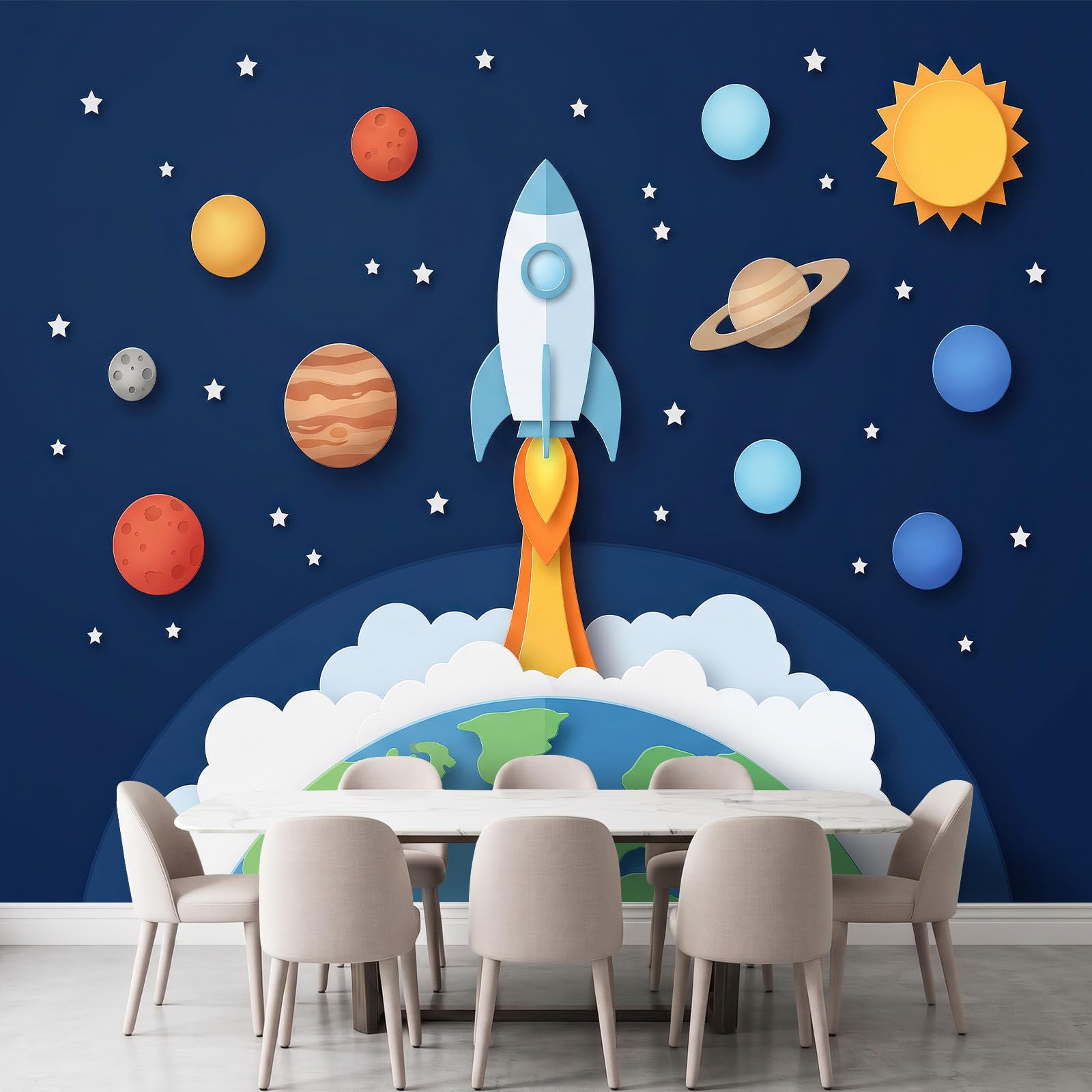 250 x 175 cm, fototapeta z włókniny, na wymiar, kreskówka, kosmos, rakieta, granatowa, fotorealistyczny, druk HD, tapeta na flizelinie, tapeta z motywem, dekoracja ścienna, dekoracja ścienna, tapeta