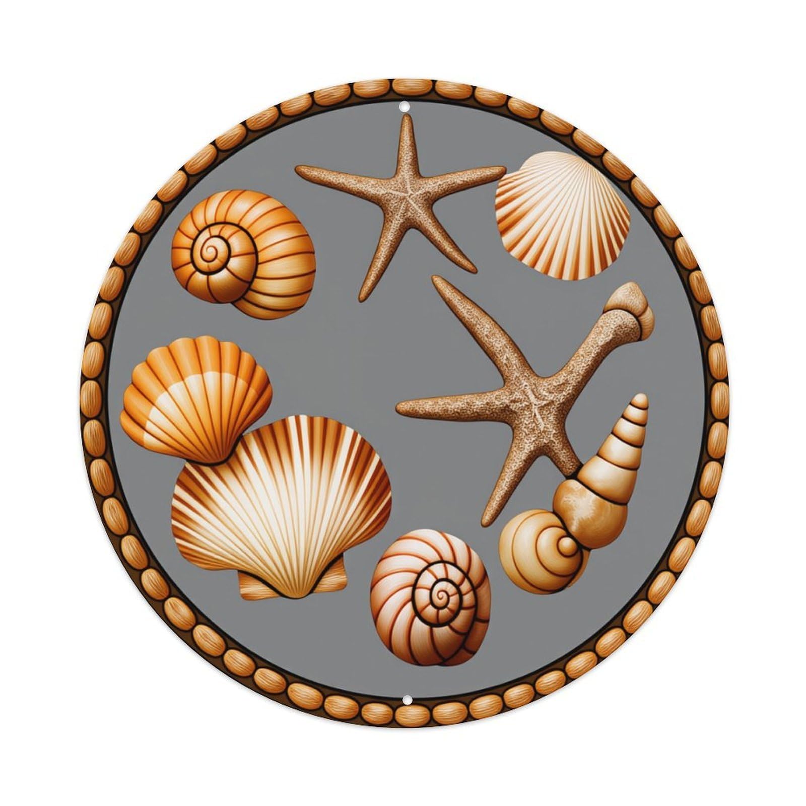 Seashell Starfish Spiral Shell Pattern Vintage Round Tin Sign Retro Metal Wall Decor Metal Poster, Home Bar Garage Farmhouse Cafe Wall Art Decoration 8x8Inches