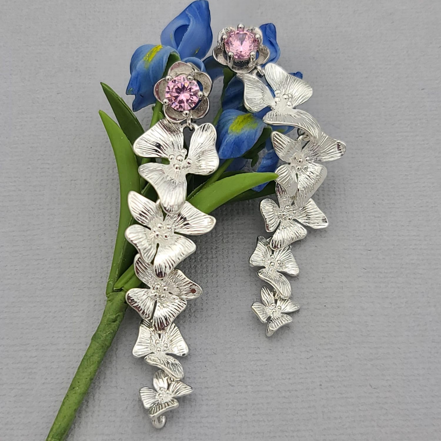 Elegant Orchid Floral Drop Earrings with Pink CZ Stones - Bridal and Bridesmaid Jewelry. - Image 2