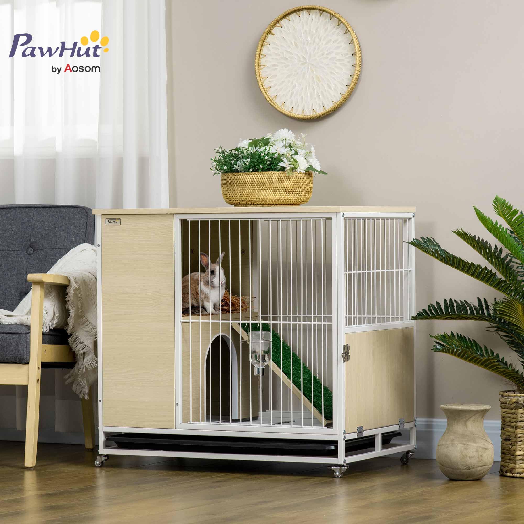 PawHut Conejera de Madera con Ruedas Mueble Conejera de Interior 78x52,5x76,5 cm Superficie Mesa Auxiliar con Techo Abrible Corral Bandeja Extraíble Bebedero y Rampa Roble