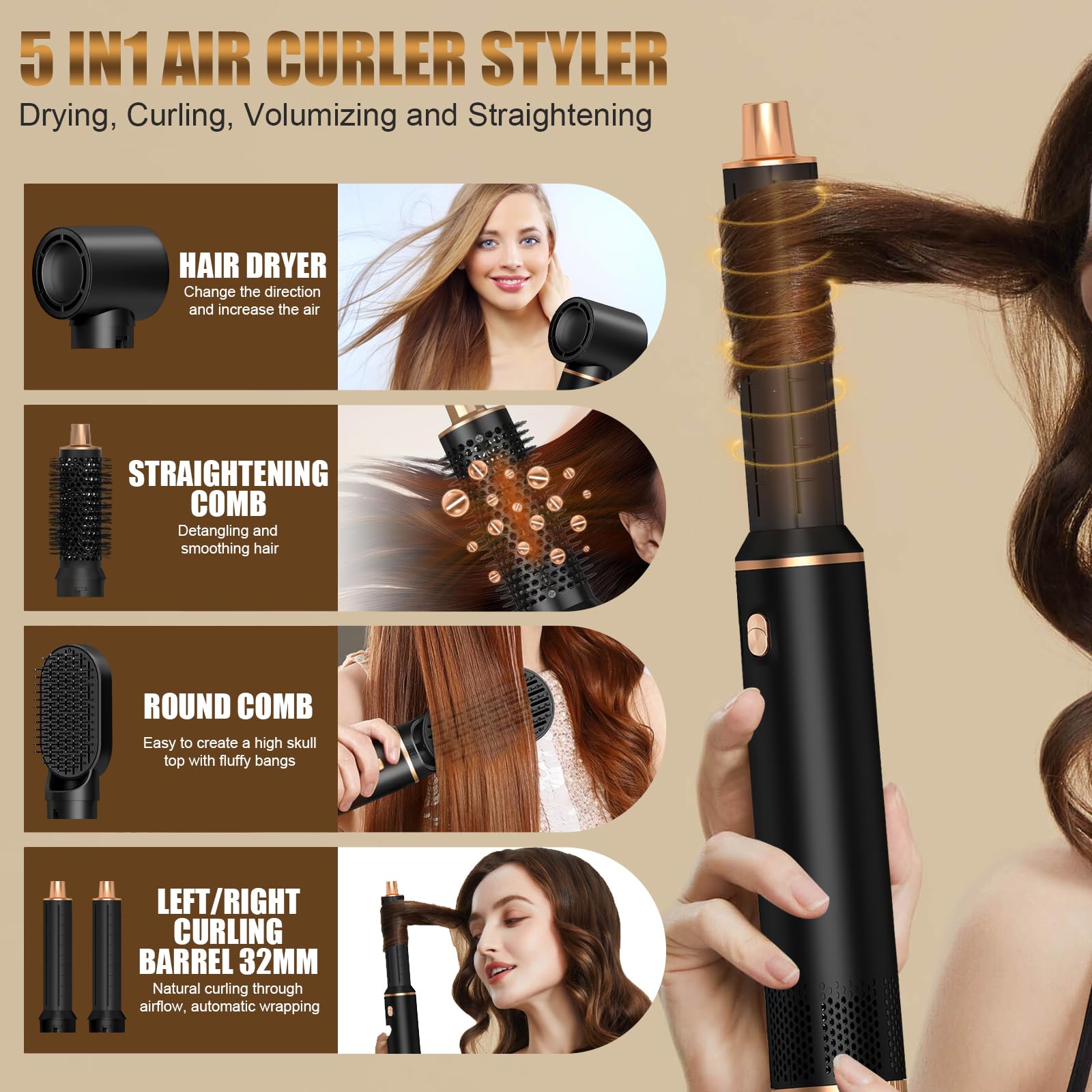 Brosse Soufflante 5 en 1, Seche Cheveux 1000W, Air Styler avec 5 Accessoires, Brosse Soufflante, Fer a Boucler, Thermal Brush, Brosse Lissante Seche Cheveux pour Sécher, Boucler, Lisser