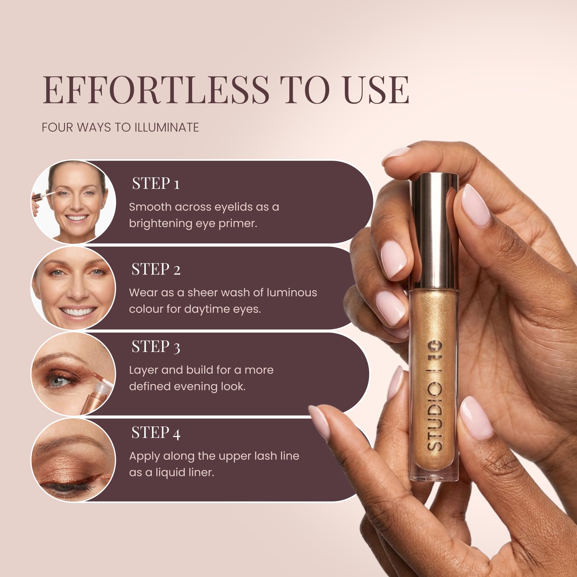 Studio 10 - Ombretto liquido I-Radiance Shimmer e formula che aumenta l'umidità e a lunga durata, ombretto liquido metallizzato in tonalità zibellino