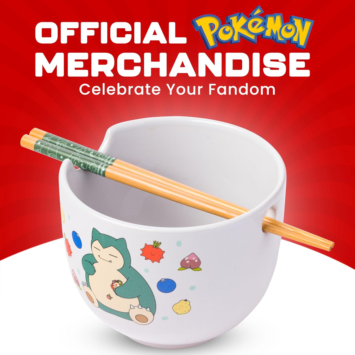 Silver Buffalo Pokemon Snorlax Relaxing and Eating Food Ceramic Ramen Noodle Rice Bowl with Chopsticks, Microwave Safe, 20 Ounces