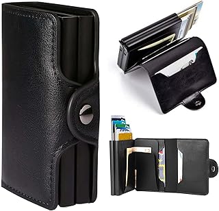 محفظة من ذا باك مصنوعة من الجلد للجنسين، بتصميم بسيط باللون الأسود، مع هيكل ألومنيوم وخاصية حماية RFID