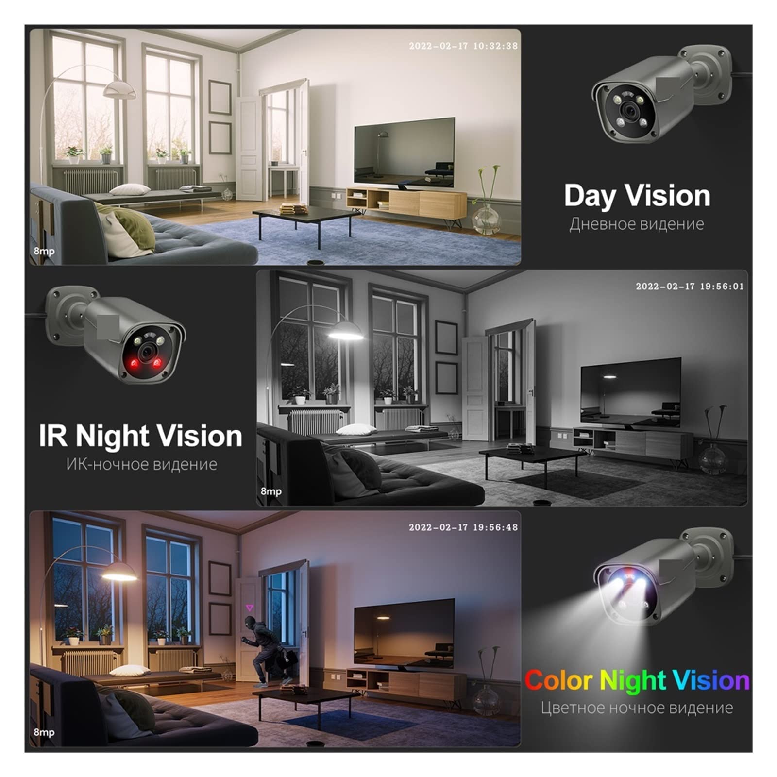 Sistema De Cámara PoE Smart Ai Visión Nocturna A Todo Color Detección Facial Video Kit De Vigilancia De Seguridad FáCil De Instalar(2T,8CH 2pcs Camera 5MP)