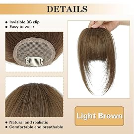 NAYOO Bangs Hair Clip - Light Brown Fake Bangs 100% Real Human Hair Extensions French Bangs for Women Fringe with Temples Hairpieces Curved Bangs for Daily Wear(Light Brown, French Bangs)