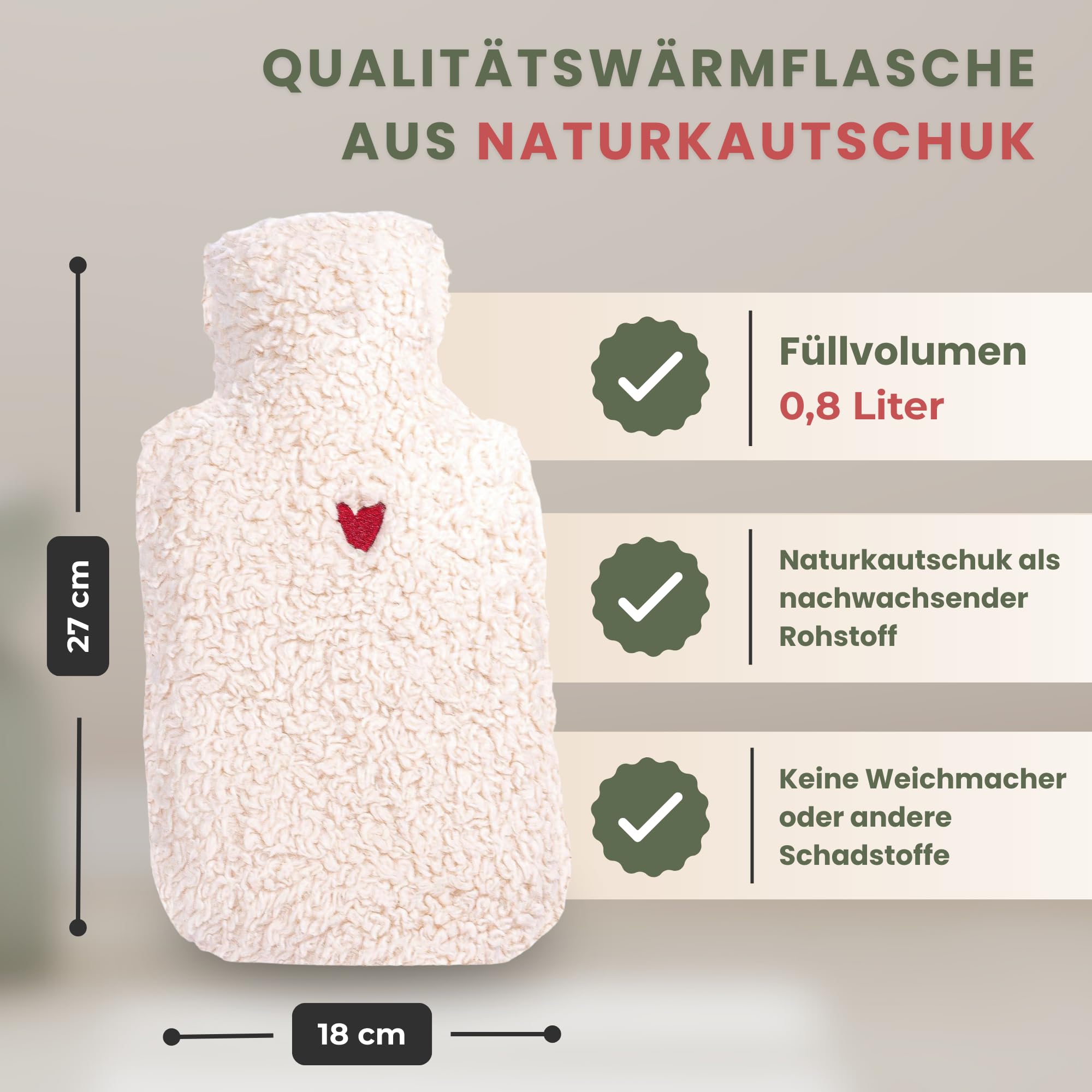 kontor28 - kuschelige TEDDY Wärmflasche mit Bezug aus super weicher 100% Bio-Baumwolle, handgefertigt Made in Germany, auslaufsicher, geruchlos und schmerzlindernd für Kinder/Erwachsene - 0,8 Liter